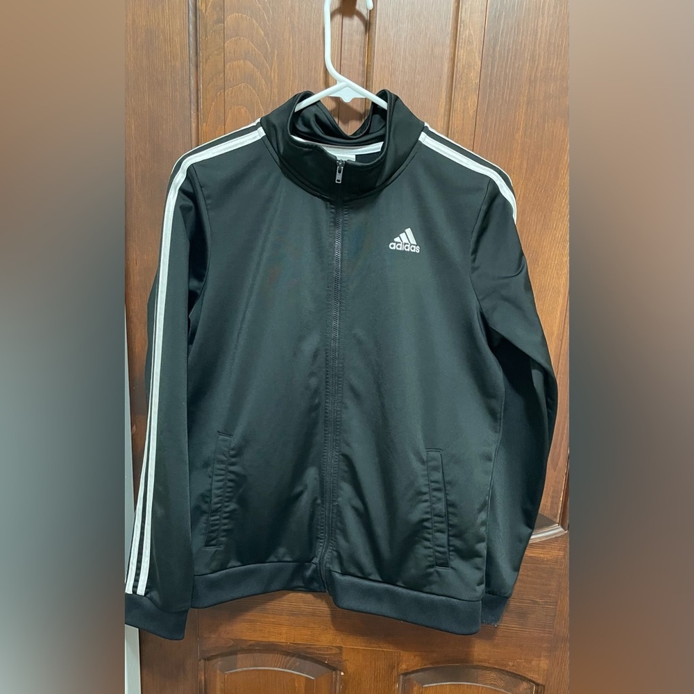 Adidas women’s ( Unisex) Black with White stripes Track Jacket size XL(18/20)